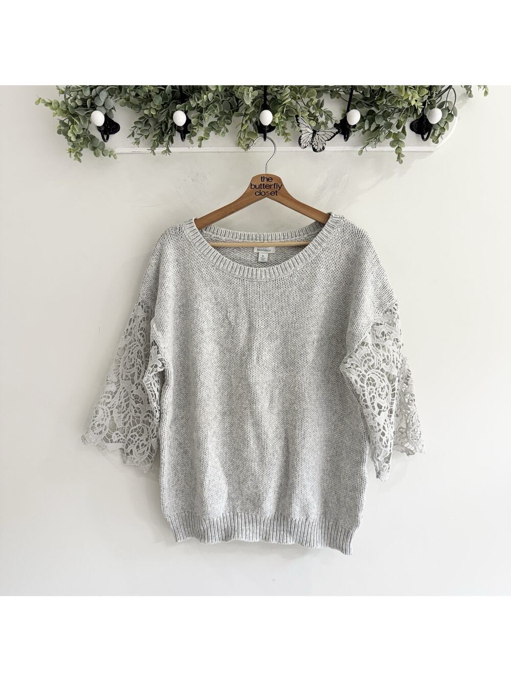 Sundance Heather Gray Lace Sleeve Sweater 3/4 Sleeve XL Boho cashmere blend X524